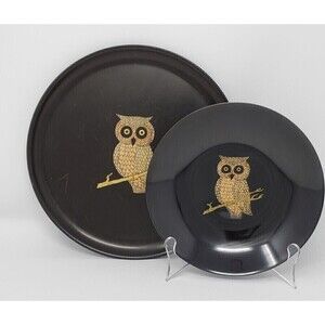 VINTAGE COUROC OF MONTEREY LOT BLACK OWL INLAY PLATE BOWL 1970s